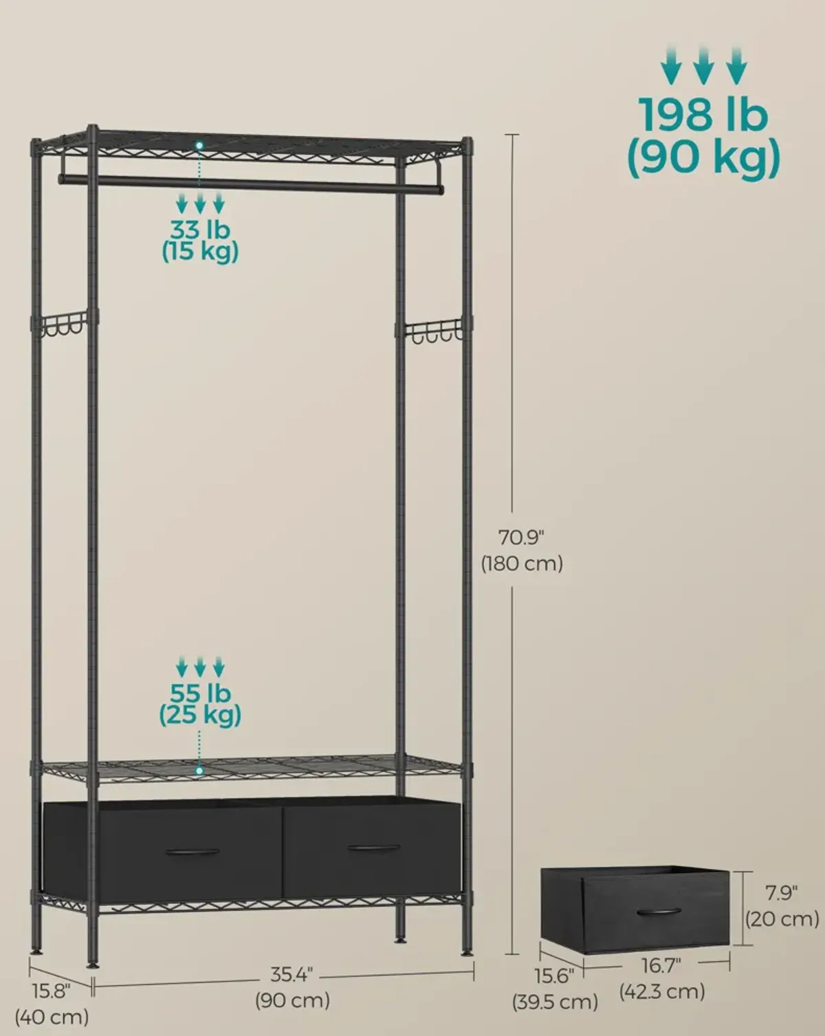 Clothes Rack with Mesh Shelf and Drawers