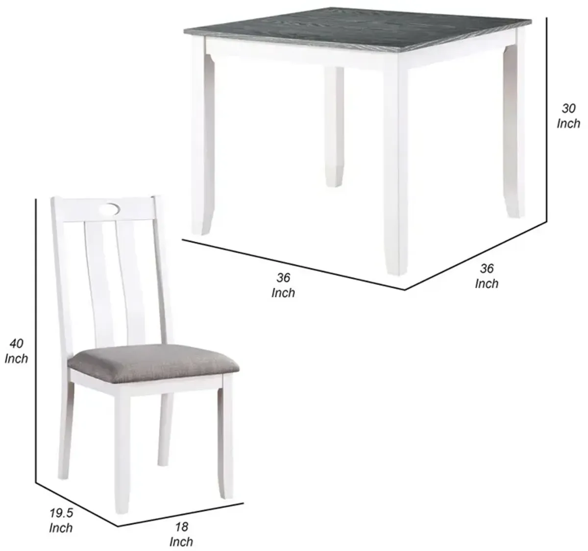 Helio 5 Piece Dining Table and Chairs Set, White Wood, Gray Fabric Seats - Benzara