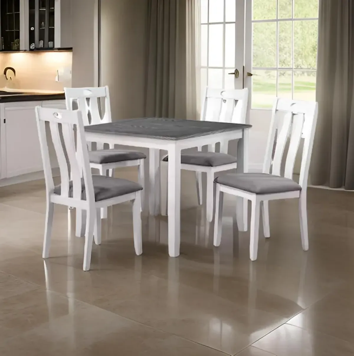 Helio 5 Piece Dining Table and Chairs Set, White Wood, Gray Fabric Seats - Benzara