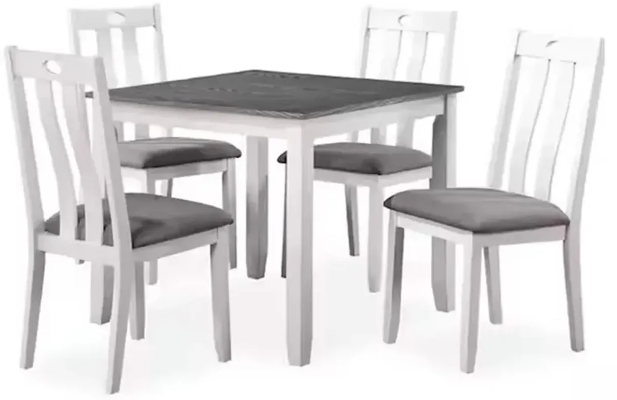 Helio 5 Piece Dining Table and Chairs Set, White Wood, Gray Fabric Seats - Benzara