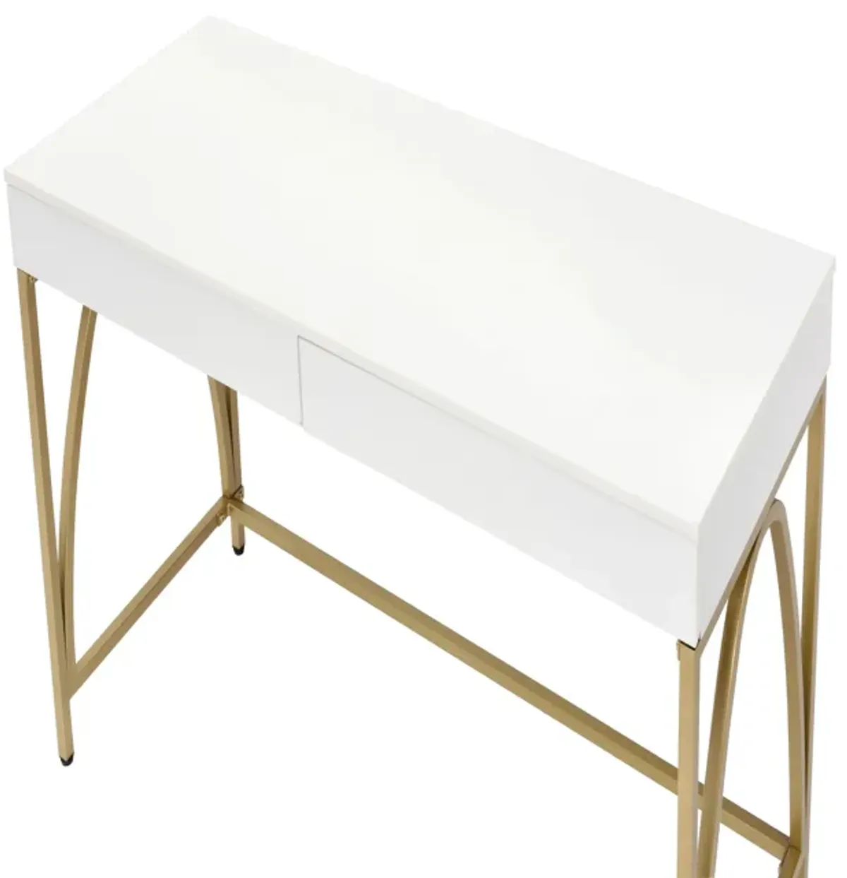 Rectangular Wooden Frame Desk with 2 Drawers and Metal Legs, White and Gold-Benzara