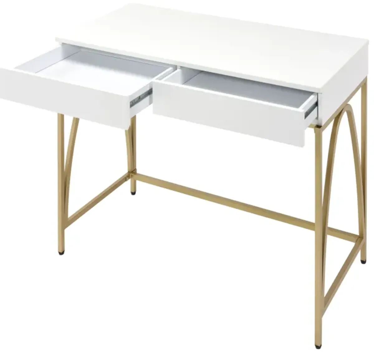 Rectangular Wooden Frame Desk with 2 Drawers and Metal Legs, White and Gold-Benzara