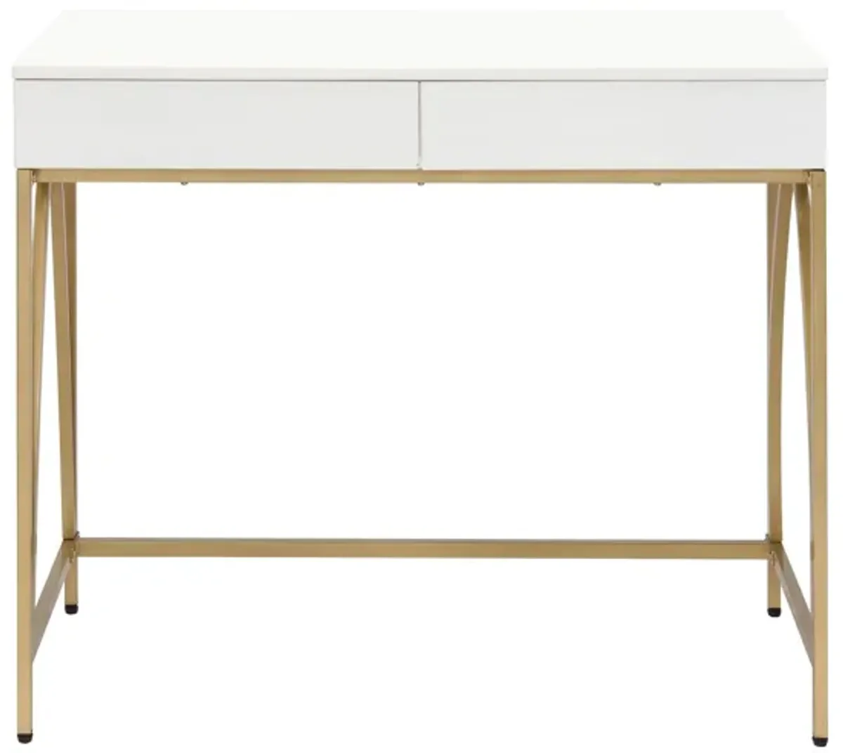 Rectangular Wooden Frame Desk with 2 Drawers and Metal Legs, White and Gold-Benzara