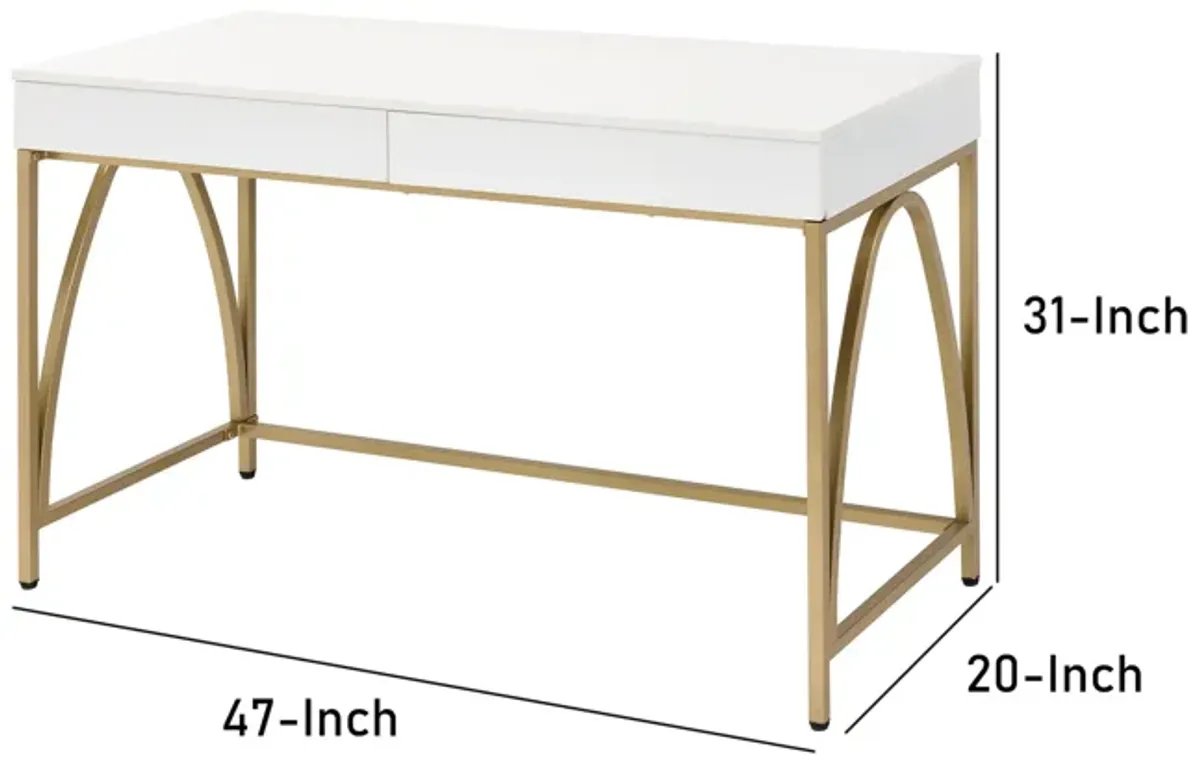 Rectangular Wooden Frame Desk with 2 Drawers and Metal Legs, White and Gold-Benzara