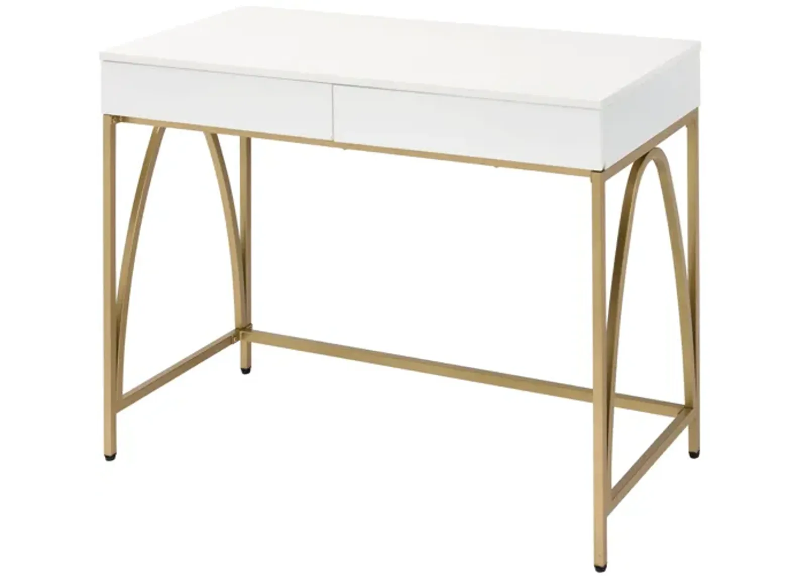 Rectangular Wooden Frame Desk with 2 Drawers and Metal Legs, White and Gold-Benzara