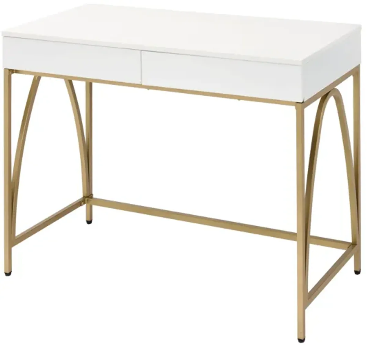 Rectangular Wooden Frame Desk with 2 Drawers and Metal Legs, White and Gold-Benzara