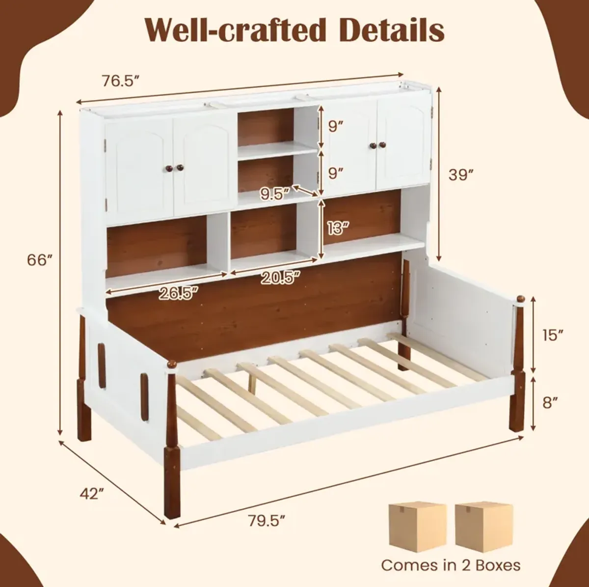 Twin Bed with Bookcase with Shelves and  Wooden Slat Support No Box Spring Needed for Living Room Bedroom-White