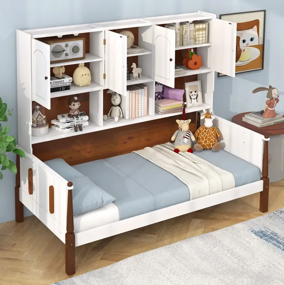 Twin Bed with Bookcase with Shelves and  Wooden Slat Support No Box Spring Needed for Living Room Bedroom-White