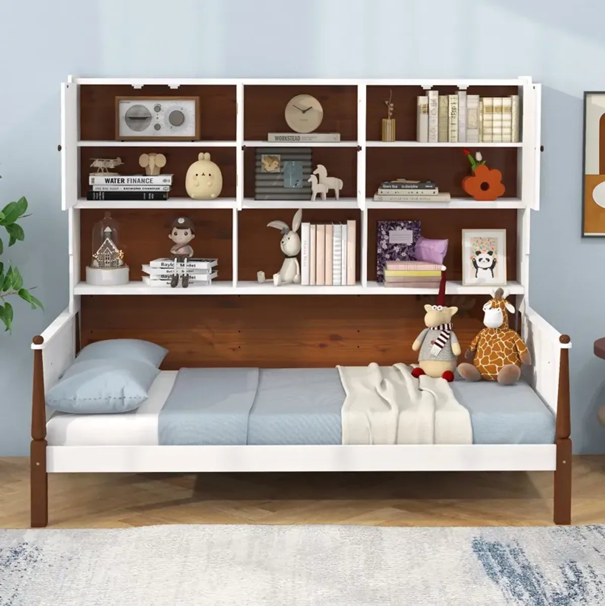 Twin Bed with Bookcase with Shelves and  Wooden Slat Support No Box Spring Needed for Living Room Bedroom-White