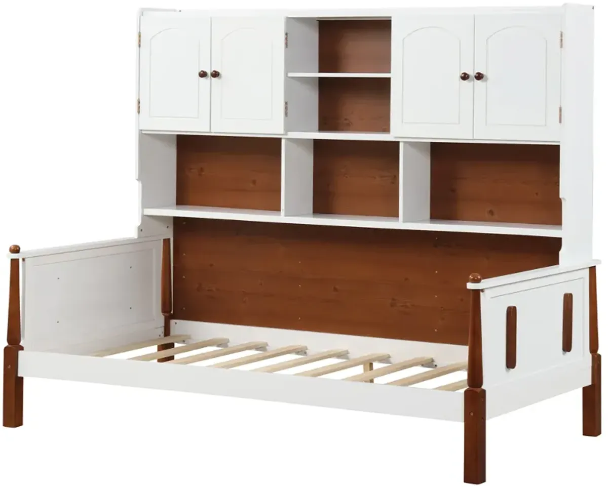 Twin Bed with Bookcase with Shelves and  Wooden Slat Support No Box Spring Needed for Living Room Bedroom-White