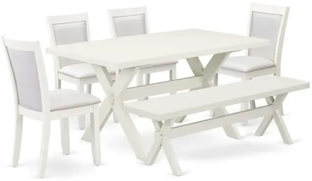 X026MZ001-6 6-Pc Dining Table Set Contains a Dinner Table - 4 Cream Dining Chairs and a Bench - Wire Brushed Linen White Finish