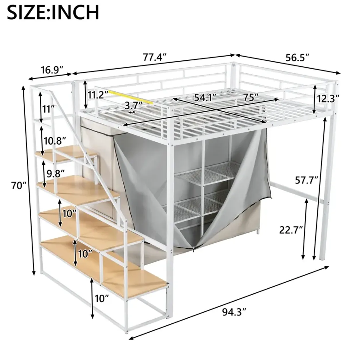 Merax Metal Loft Bed with Wardrobe and Storage Shelves