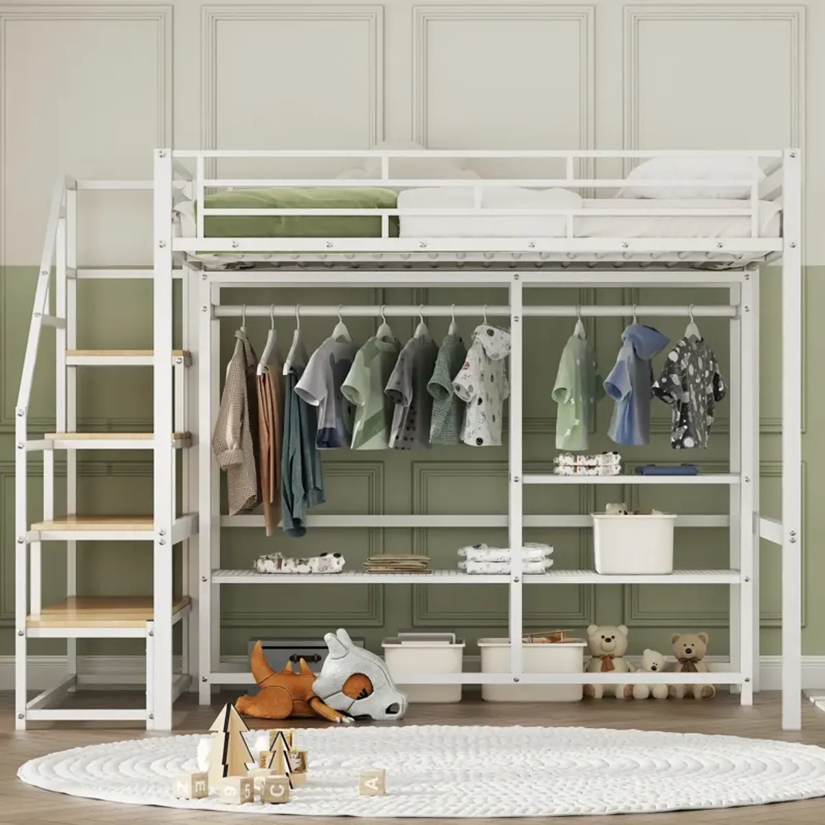 Merax Metal Loft Bed with Wardrobe and Storage Shelves