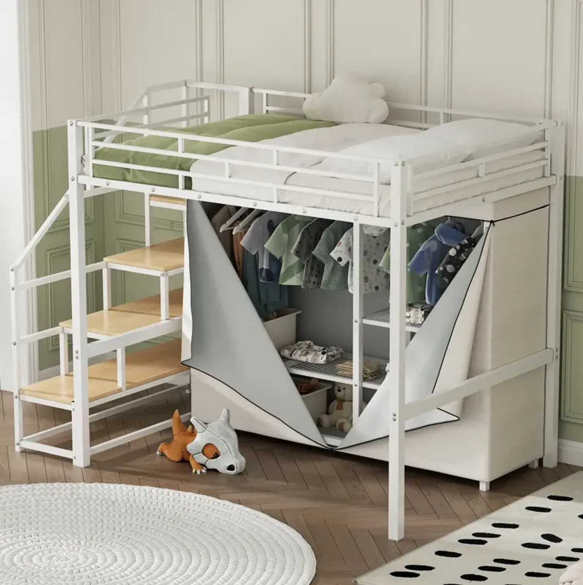 Merax Metal Loft Bed with Wardrobe and Storage Shelves