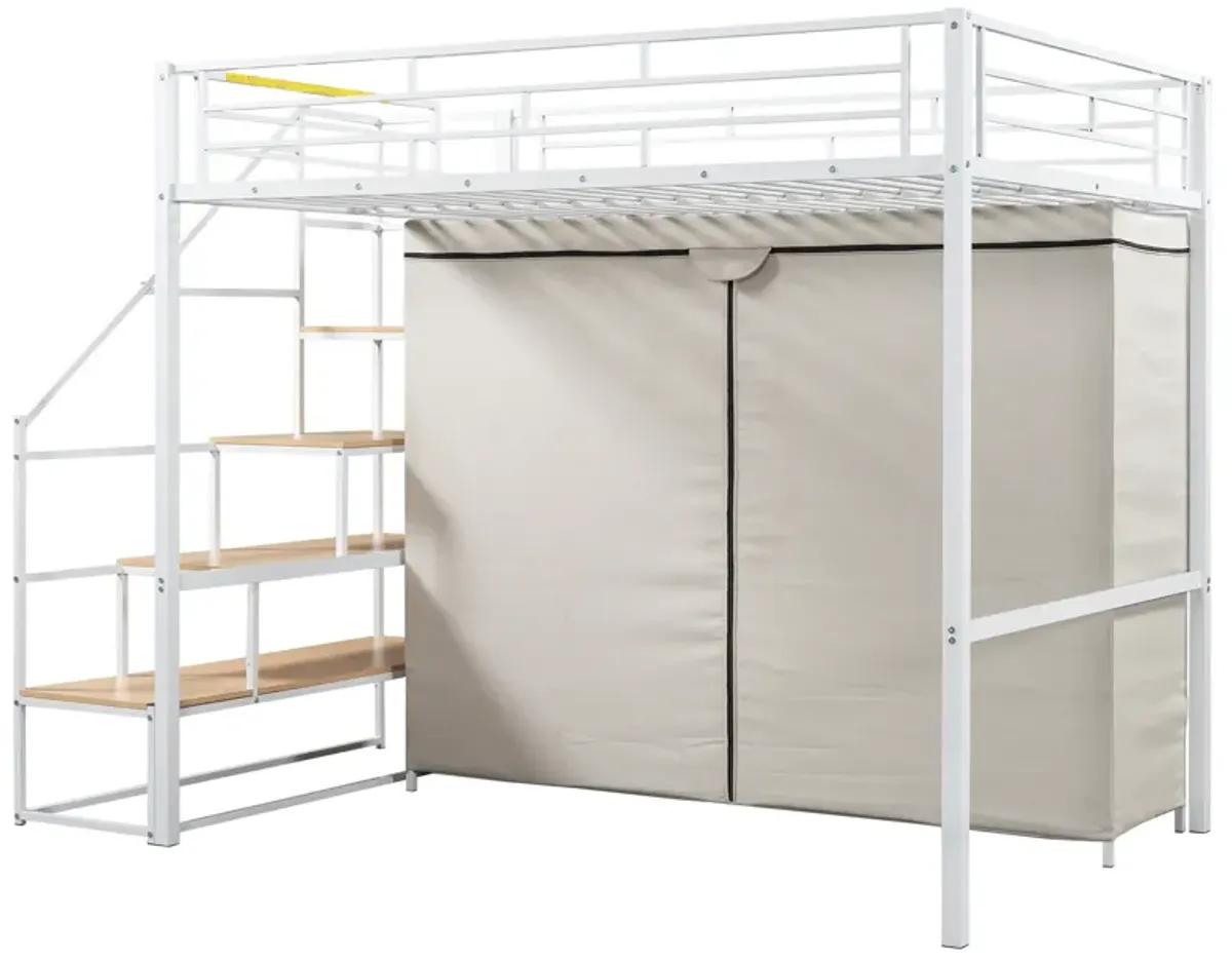 Merax Metal Loft Bed with Wardrobe and Storage Shelves