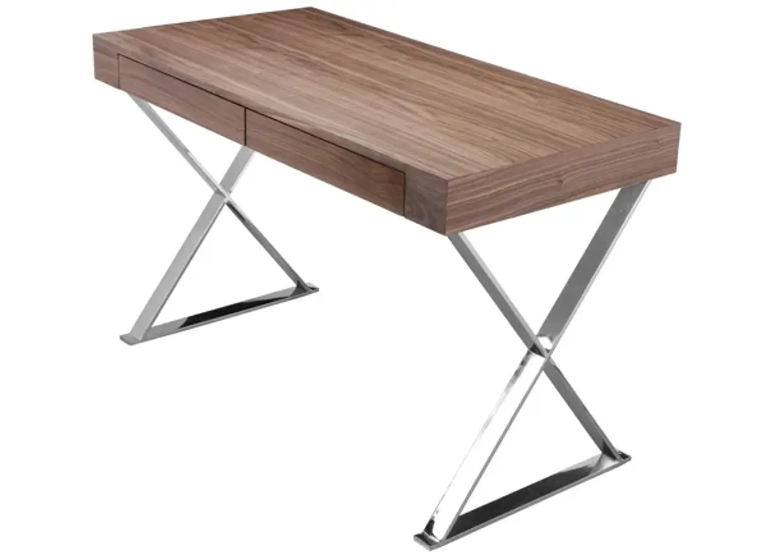 Rix 47 Inch Office Desk, Walnut Wood Top, 2 Drawers, X Polished Steel Legs - Benzara