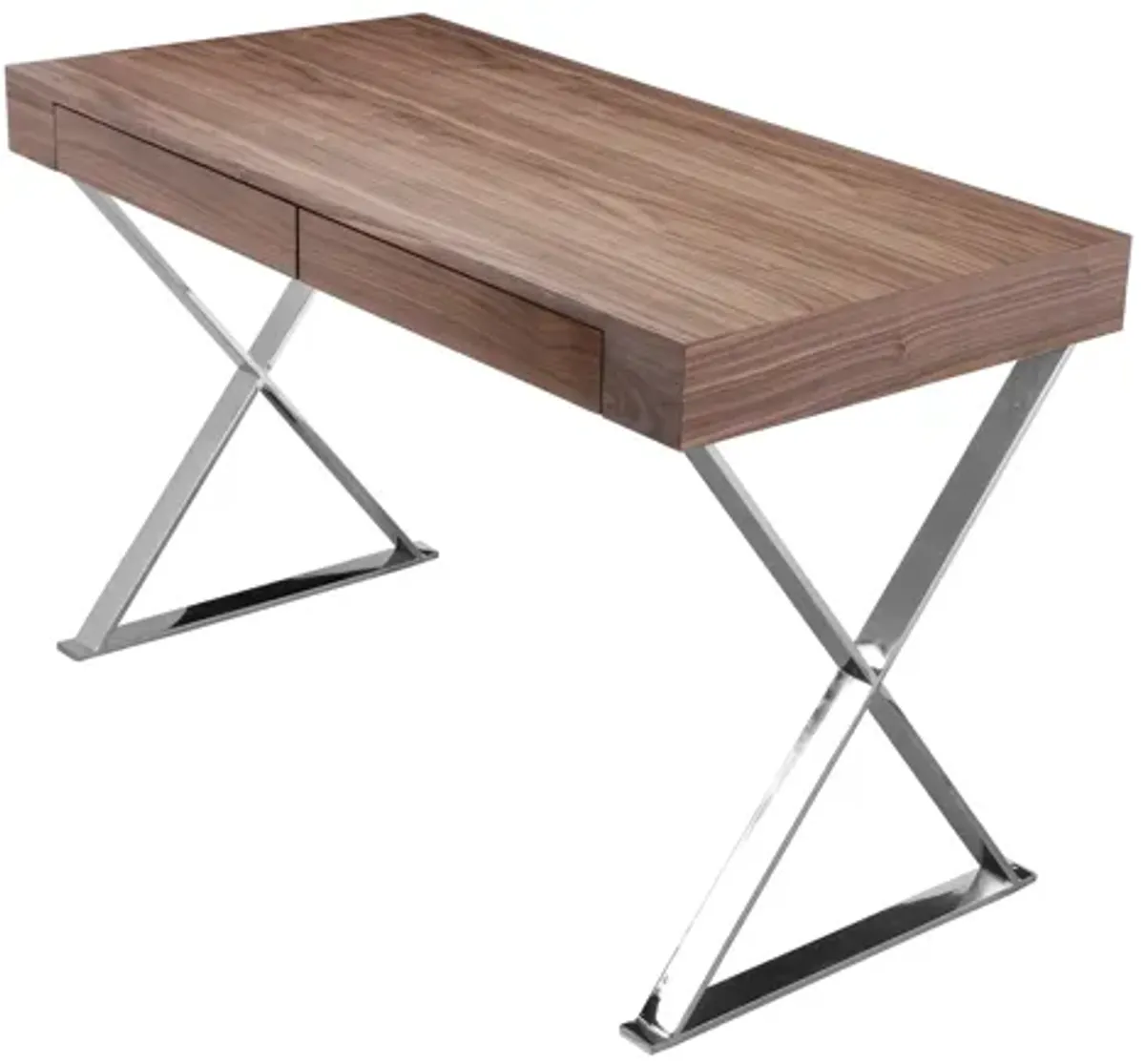 Rix 47 Inch Office Desk, Walnut Wood Top, 2 Drawers, X Polished Steel Legs - Benzara