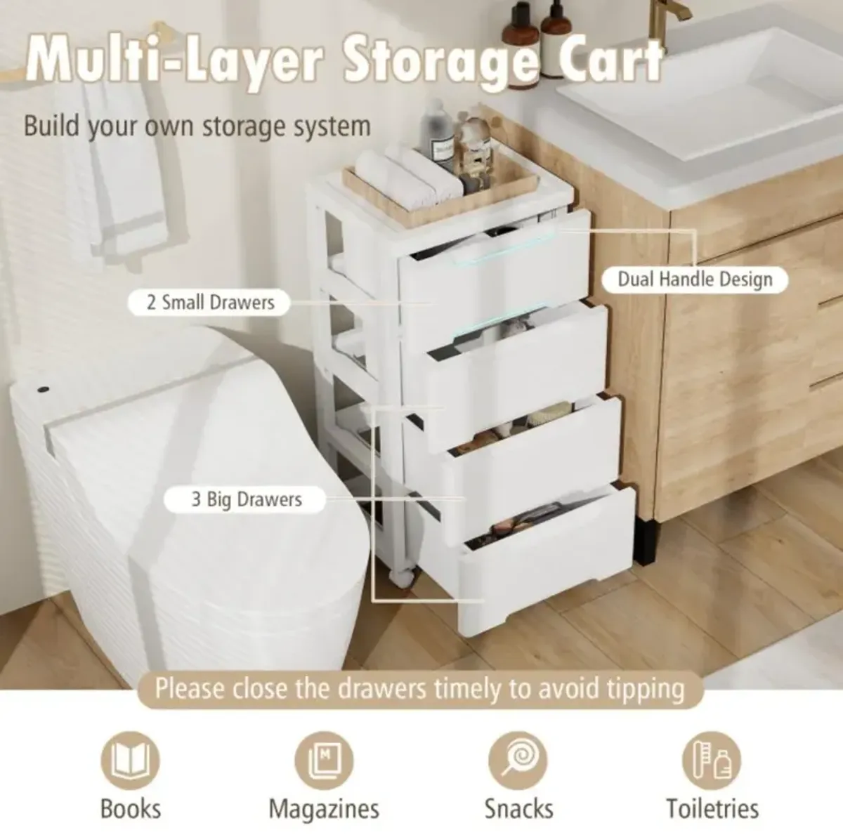 Hivvago Rolling Storage Cabinet with Universal Wheels and Drawers