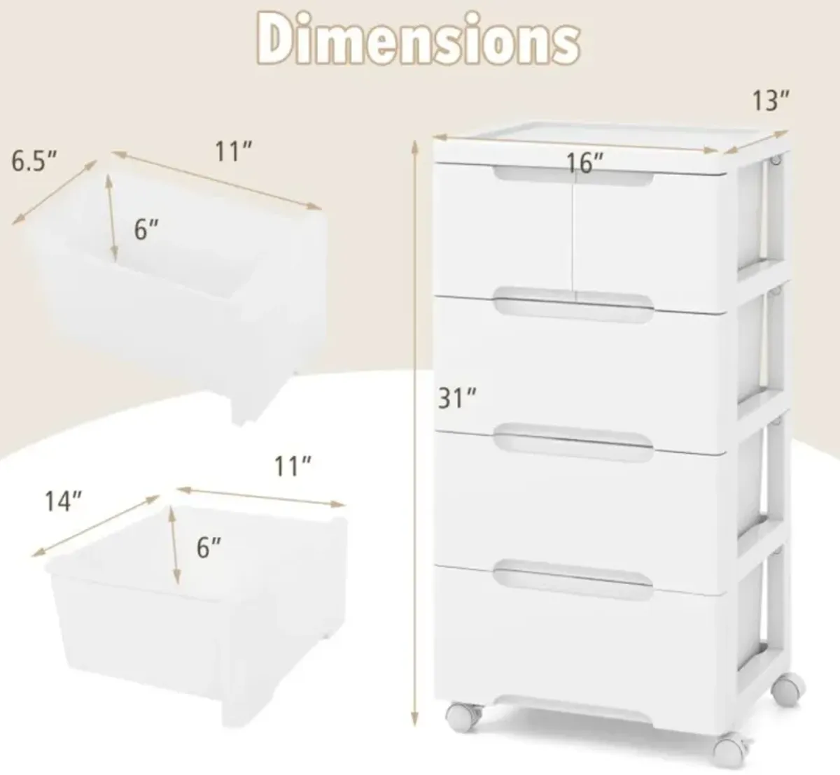 Hivvago Rolling Storage Cabinet with Universal Wheels and Drawers