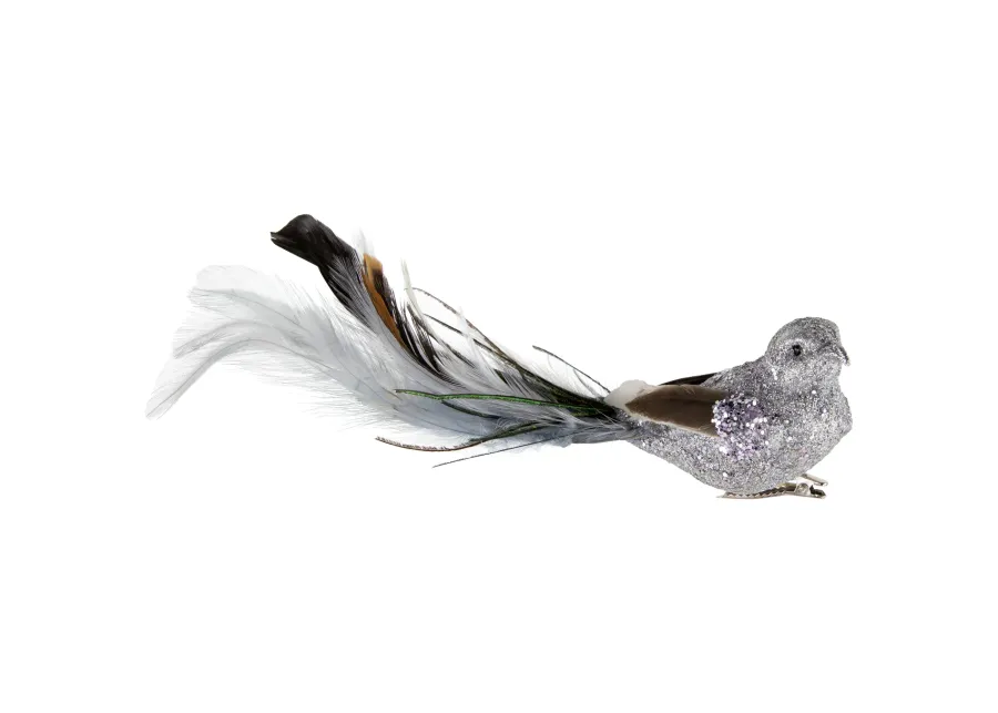 8" Silver Glitter Embellished Bird with Clip and Feathers Christmas Ornament