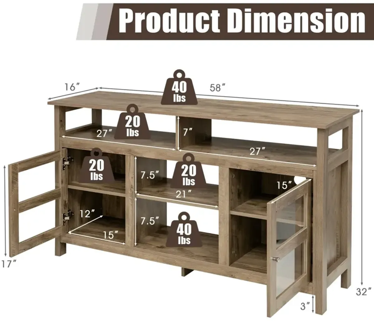 58 Inch TV Stand Entertainment Console Center with 2 Cabinets