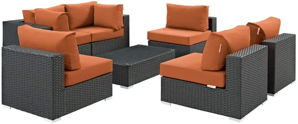 Sojourn Outdoor Patio Furniture Set - 7 Piece Sectional with Sunbrella Cushions, Synthetic Rattan Weave, UV Protection, Aluminum Frame