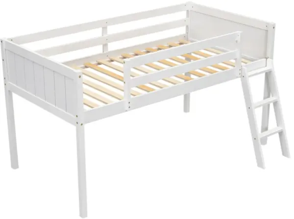 Whisen Elegant Design Twin Size Wood Low Loft Bed with Convertible Ladder