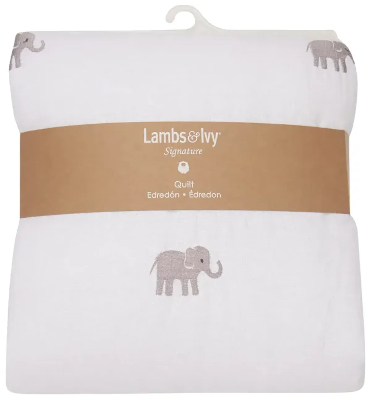 Lambs & Ivy Signature Elephant Creamy White Linen Embroidered Baby Crib Quilt