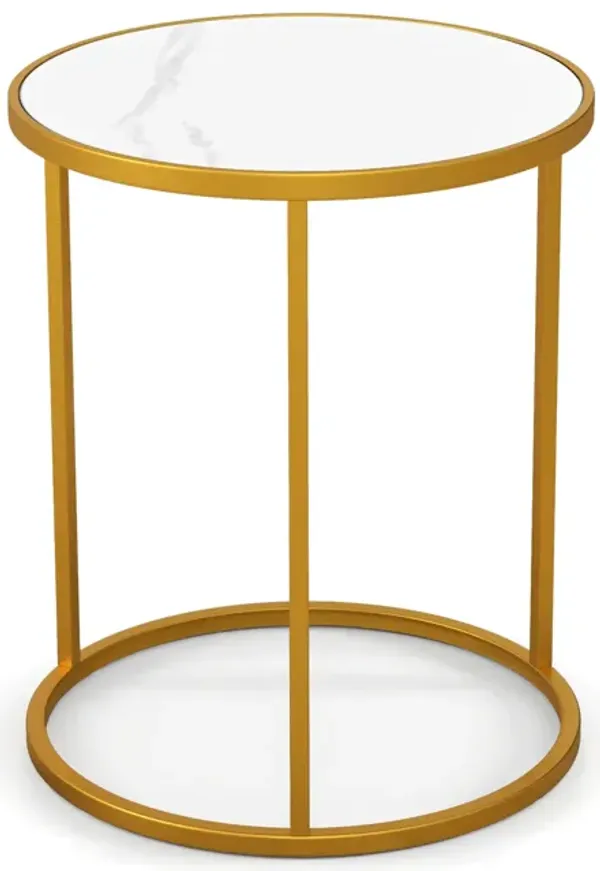 16 Inch Marble Top Round Side Table with Golden Metal Frame for Living Room Bedroom