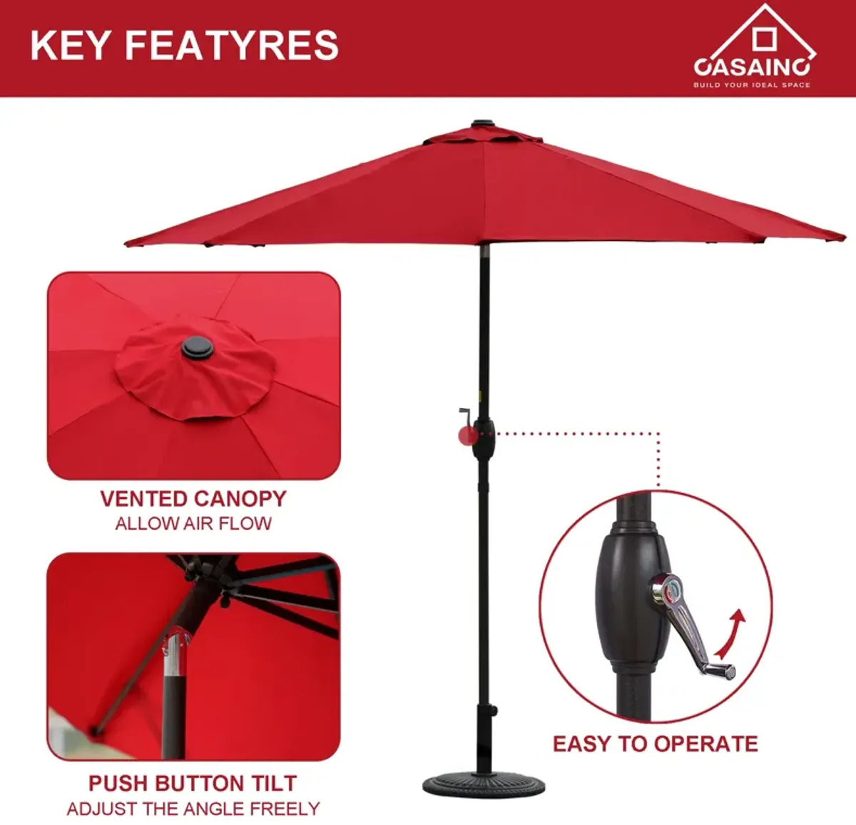 9-ft Push-button Tilt Garden Market Patio Umbrella.