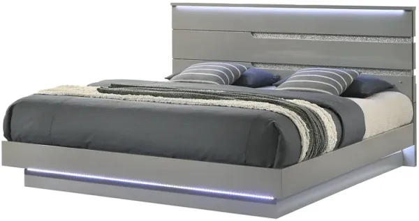 Pery California King Platform Bed, LED Headboard, Glam Gray Solid Wood - Benzara