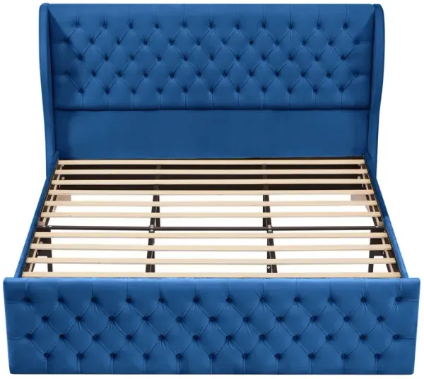 Rodeo Drive Collection Upholstered Wingback Velvet Fabric Chesterfield Bed/Button Tufted Headboard with Vintage Wing/Wood Slat Support/Easy Assemble. King-Blue