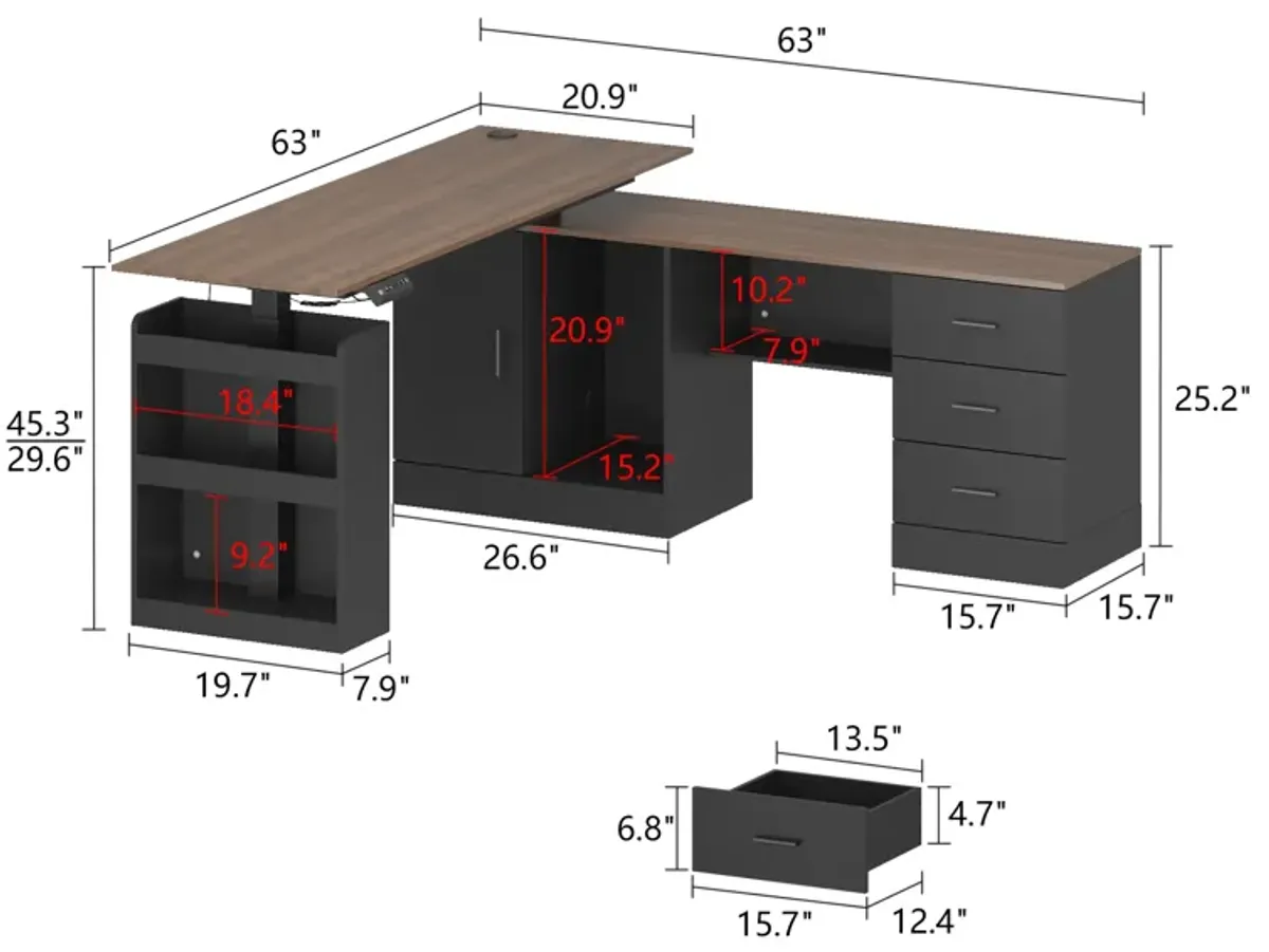 FUFU&GAGA L-Shaped Height Adjustable Office Desk - Perfect Blend of Functionality and Style, (63"Wx63"Dx45.3"H), Black and Brown