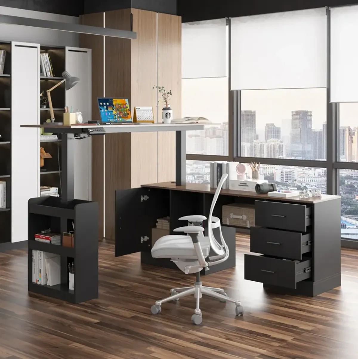 FUFU&GAGA L-Shaped Height Adjustable Office Desk - Perfect Blend of Functionality and Style, (63"Wx63"Dx45.3"H), Black and Brown