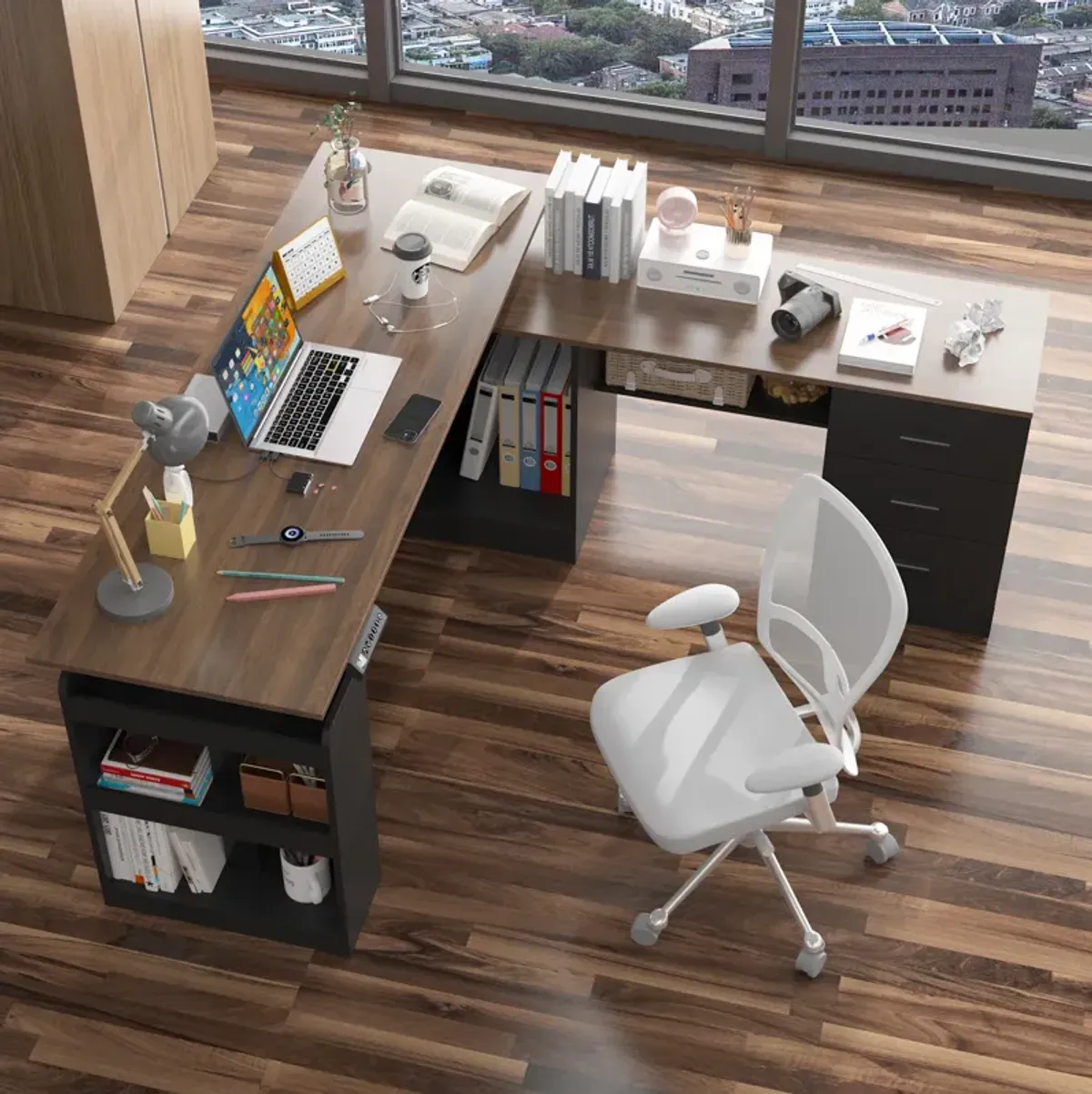 FUFU&GAGA L-Shaped Height Adjustable Office Desk - Perfect Blend of Functionality and Style, (63"Wx63"Dx45.3"H), Black and Brown