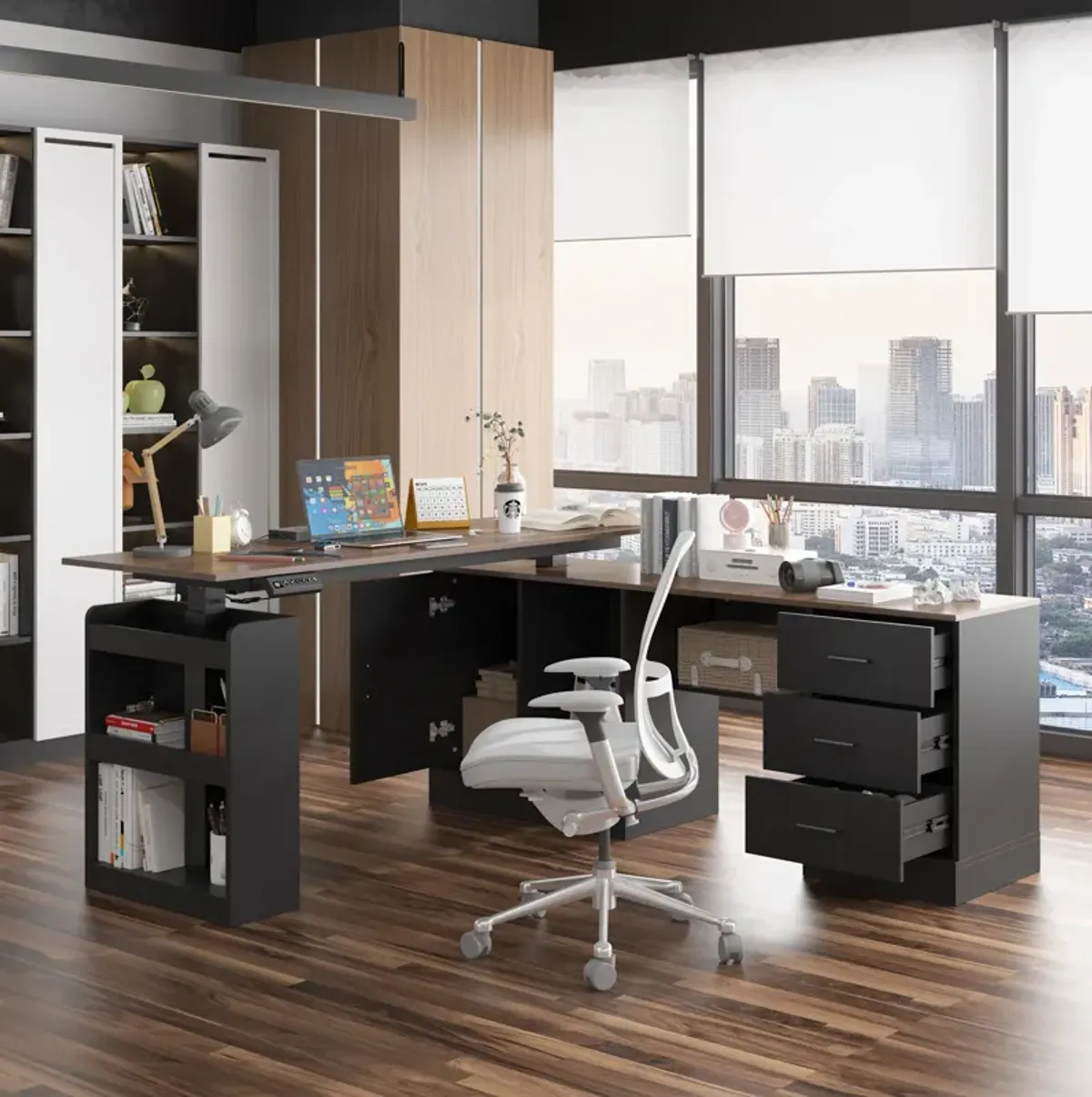 FUFU&GAGA L-Shaped Height Adjustable Office Desk - Perfect Blend of Functionality and Style, (63"Wx63"Dx45.3"H), Black and Brown