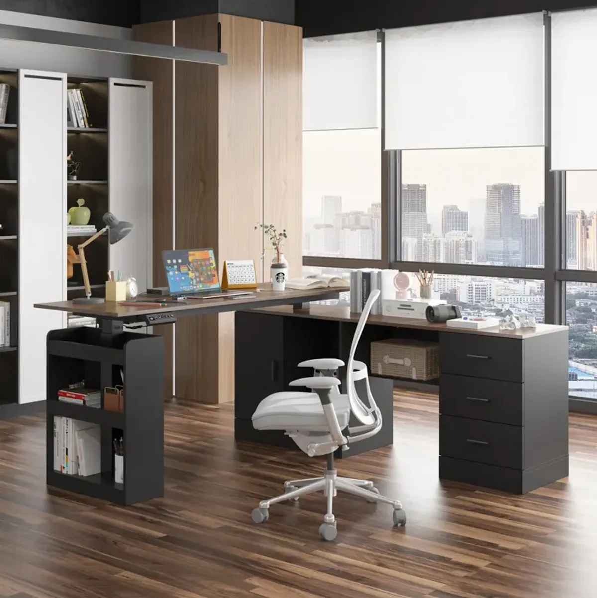 FUFU&GAGA L-Shaped Height Adjustable Office Desk - Perfect Blend of Functionality and Style, (63"Wx63"Dx45.3"H), Black and Brown