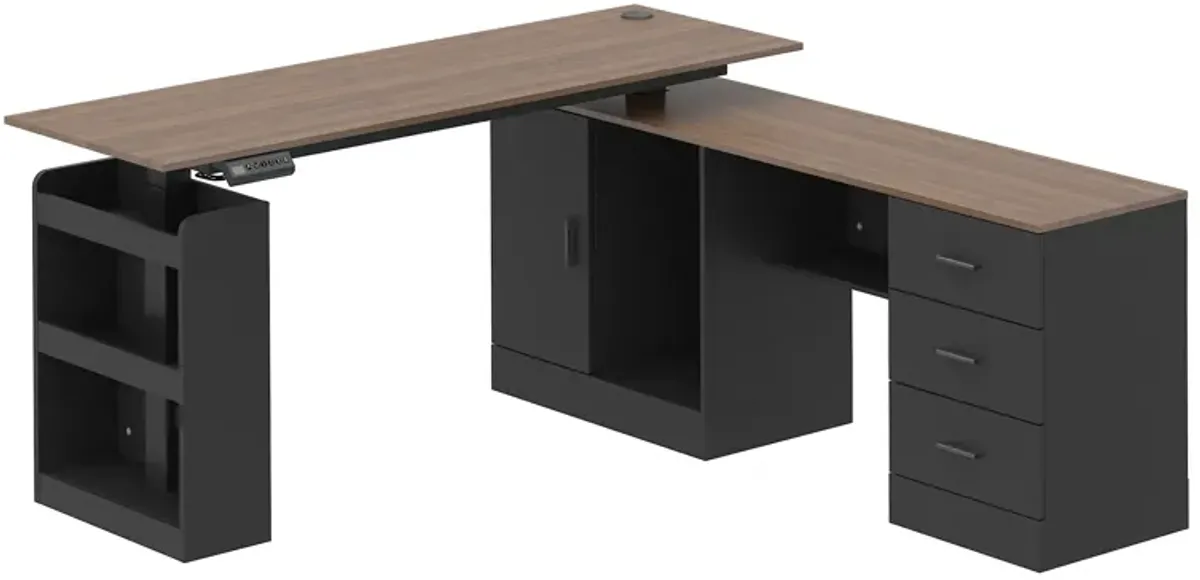 FUFU&GAGA L-Shaped Height Adjustable Office Desk - Perfect Blend of Functionality and Style, (63"Wx63"Dx45.3"H), Black and Brown