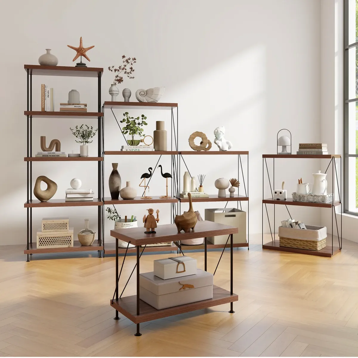 Multipurpose Display Rack with Metal Frame, Tiered Shelving