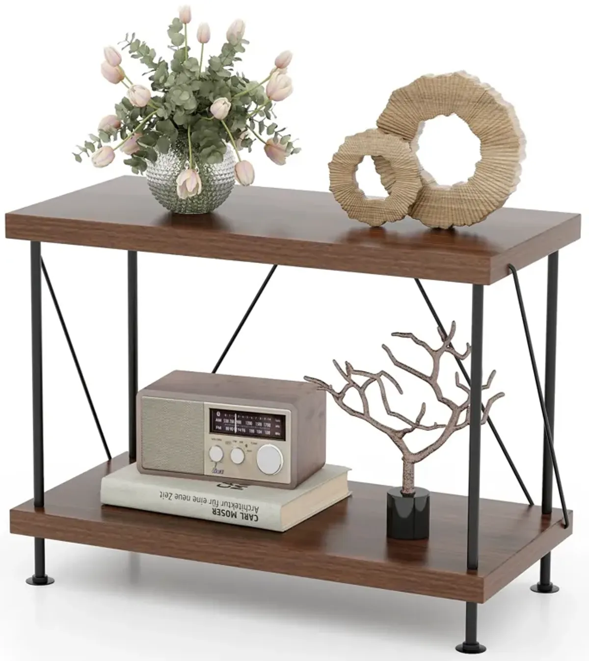 Multipurpose Display Rack with Metal Frame, Tiered Shelving