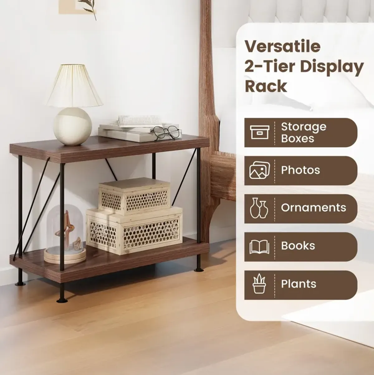 Multipurpose Display Rack with Metal Frame, Tiered Shelving