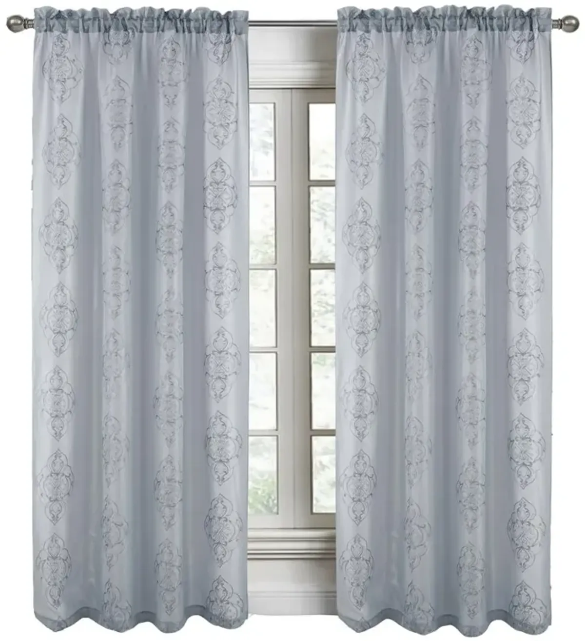 RT Designers Collection Andrea Emb Metallic Doily Rod Pocket Room Darkening Curtain Panels for Bedroom 54" x 95" Silver