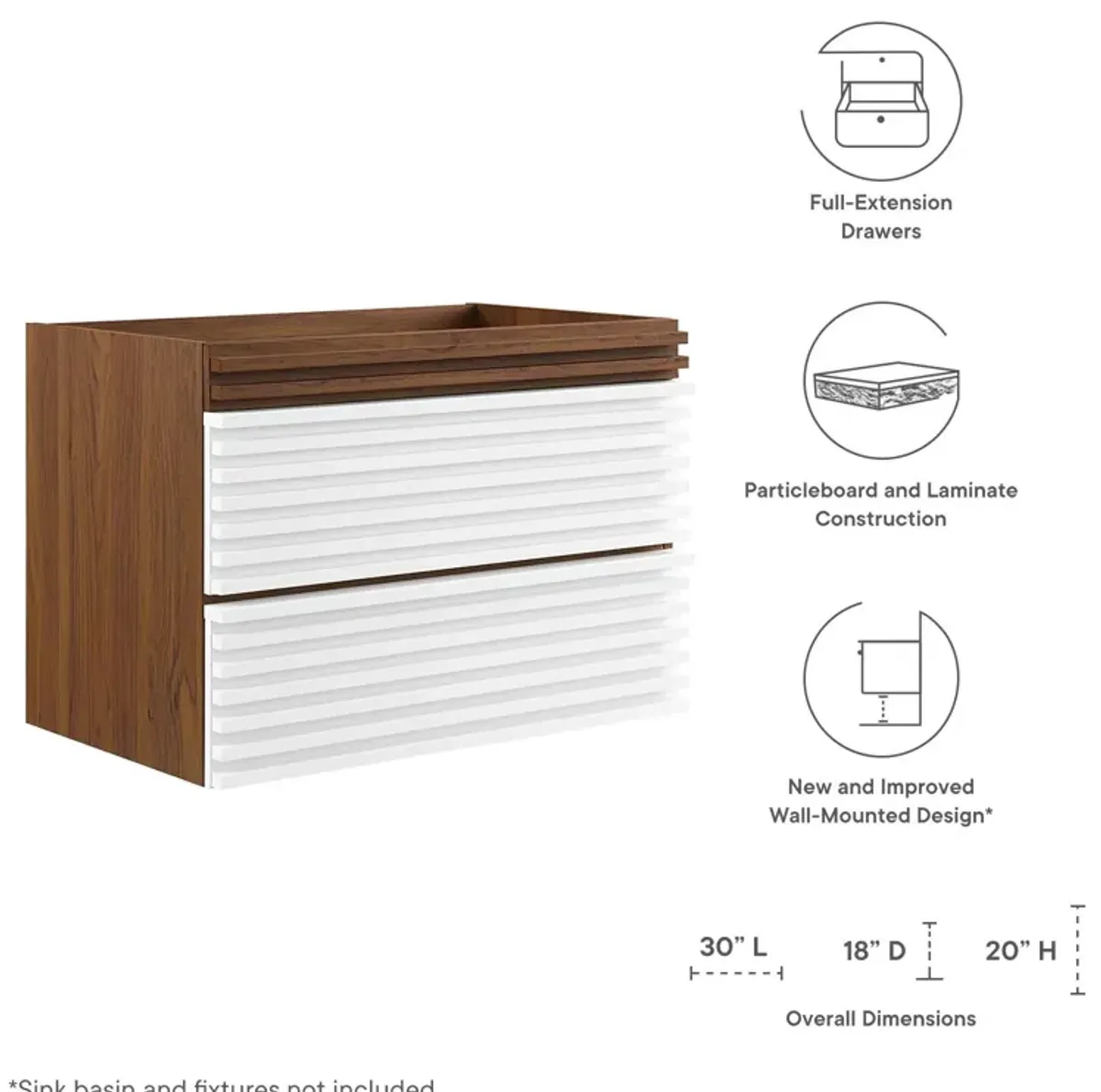 Render 30" Wall-Mount Bathroom Vanity Cabinet (Sink Basin Not Included)