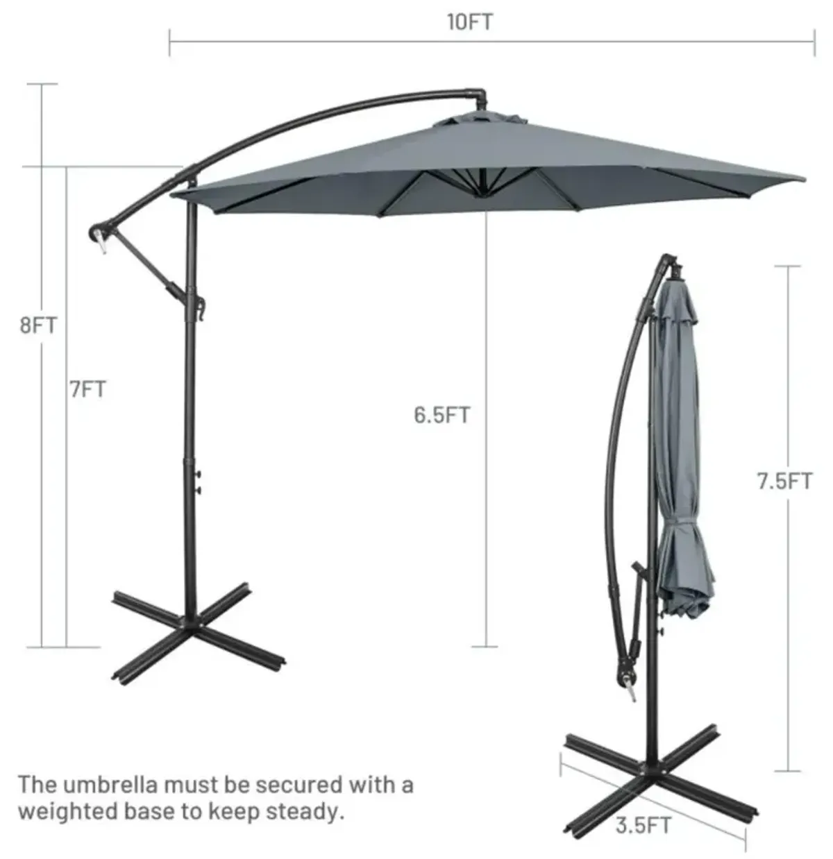 Hivvago 10 Feet Offset Umbrella with 8 Ribs Cantilever and Cross Base