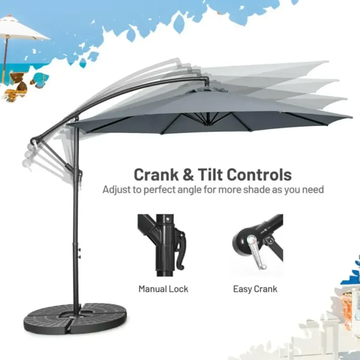 Hivvago 10 Feet Offset Umbrella with 8 Ribs Cantilever and Cross Base