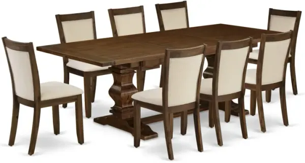 East West Furniture East West Furniture LAMZ11-N8-32 11-Pieces Kitchen Table Set - 1 Modern Dining Table with Double Pedestal and 10 Light Beige Linen Fabric Modern Chairs with Stylish Back - Antique Walnut Finish