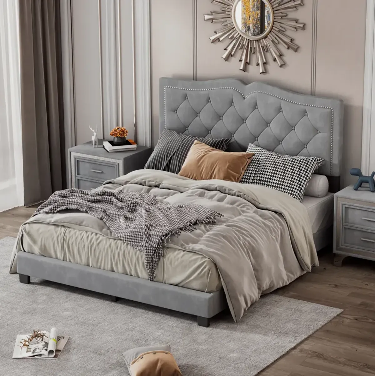 Merax Modern Velvet Platform Bed with Headboard