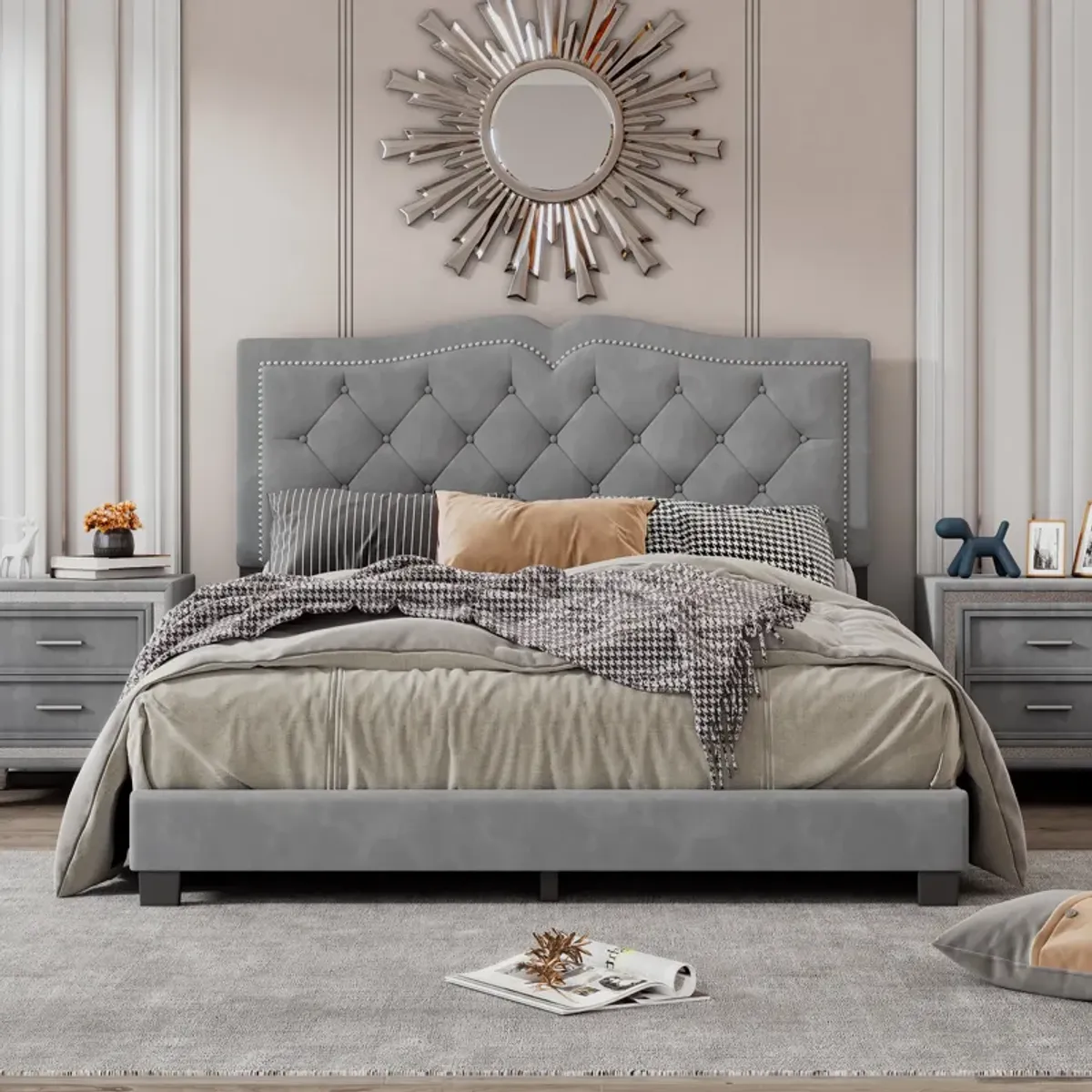 Merax Modern Velvet Platform Bed with Headboard