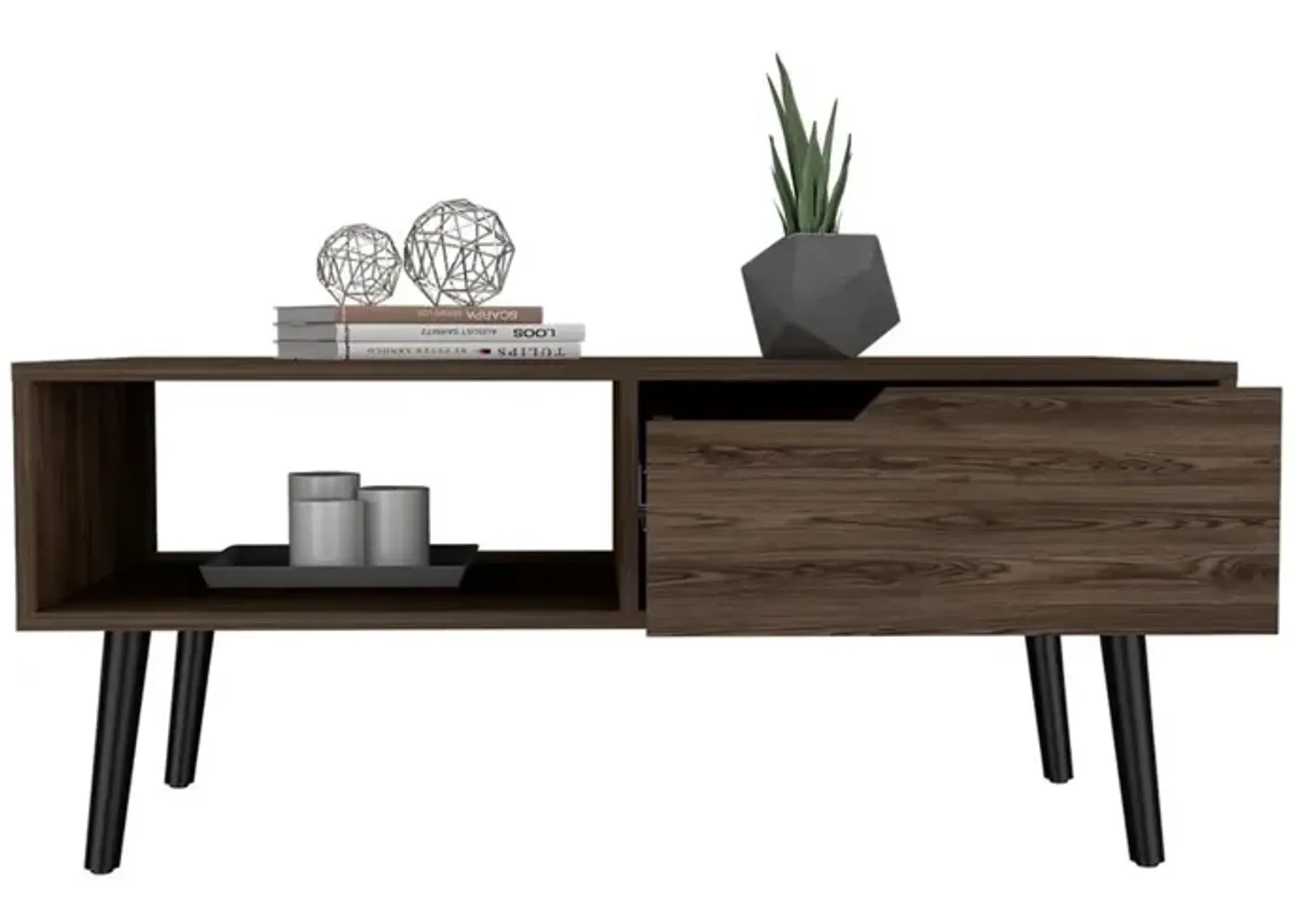 DEPOT E-SHOP Kobe Coffee Table, Countertop, One Open Shelf, One Drawer, Four Legs- Dark Walnut, For Living Room