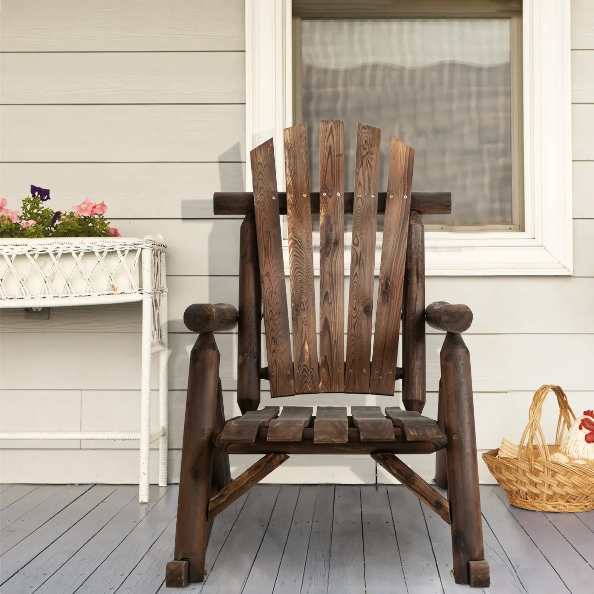 Carbonized Porch Rocker: Wooden Adirondack Chair with Rustic Log Design